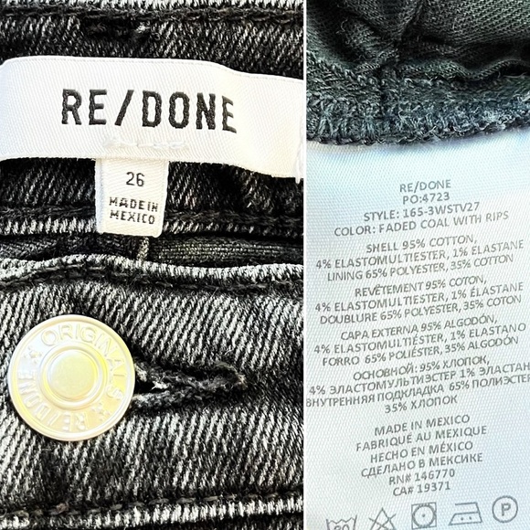 Re/done Originals 70s Stove Pipe Jeans Faded Coal With Rips Size 26 - Picture 10 of 11
